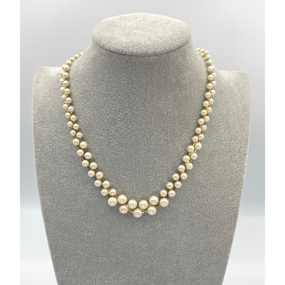 Vintage Double Strand Faux Pearl Necklace Gold Tone Graduated Criss Cross 17.5in